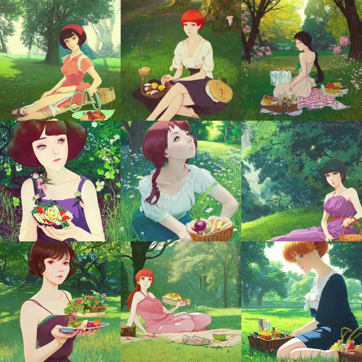Prompt: portrait of a woman having a picnic in a lush park, delicate ilya kuvshinov face, highly detailed, cel shading, digital painting, anime key visual, in the style of hayao miyazaki and alphonse mucha