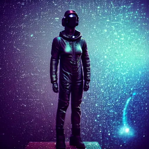 Prompt: cyberpunk statue, rain, space, galaxy