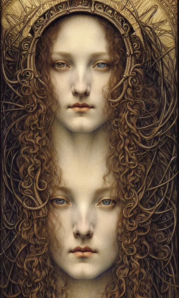 Image similar to detailed realistic beautiful young medieval queen face portrait by jean delville, gustave dore and marco mazzoni, art nouveau, symbolist, visionary, gothic, pre - raphaelite. horizontal symmetry