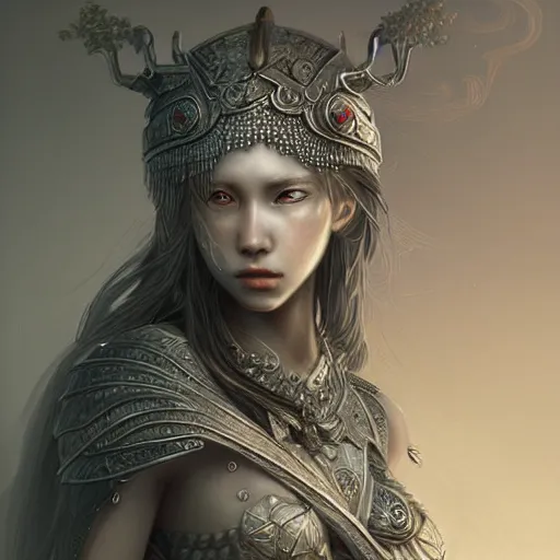 Image similar to beautiful extremely detailed intricate concept art depicting a warrior by wlop. shining jewelry. grey atmosphere. bcy. net