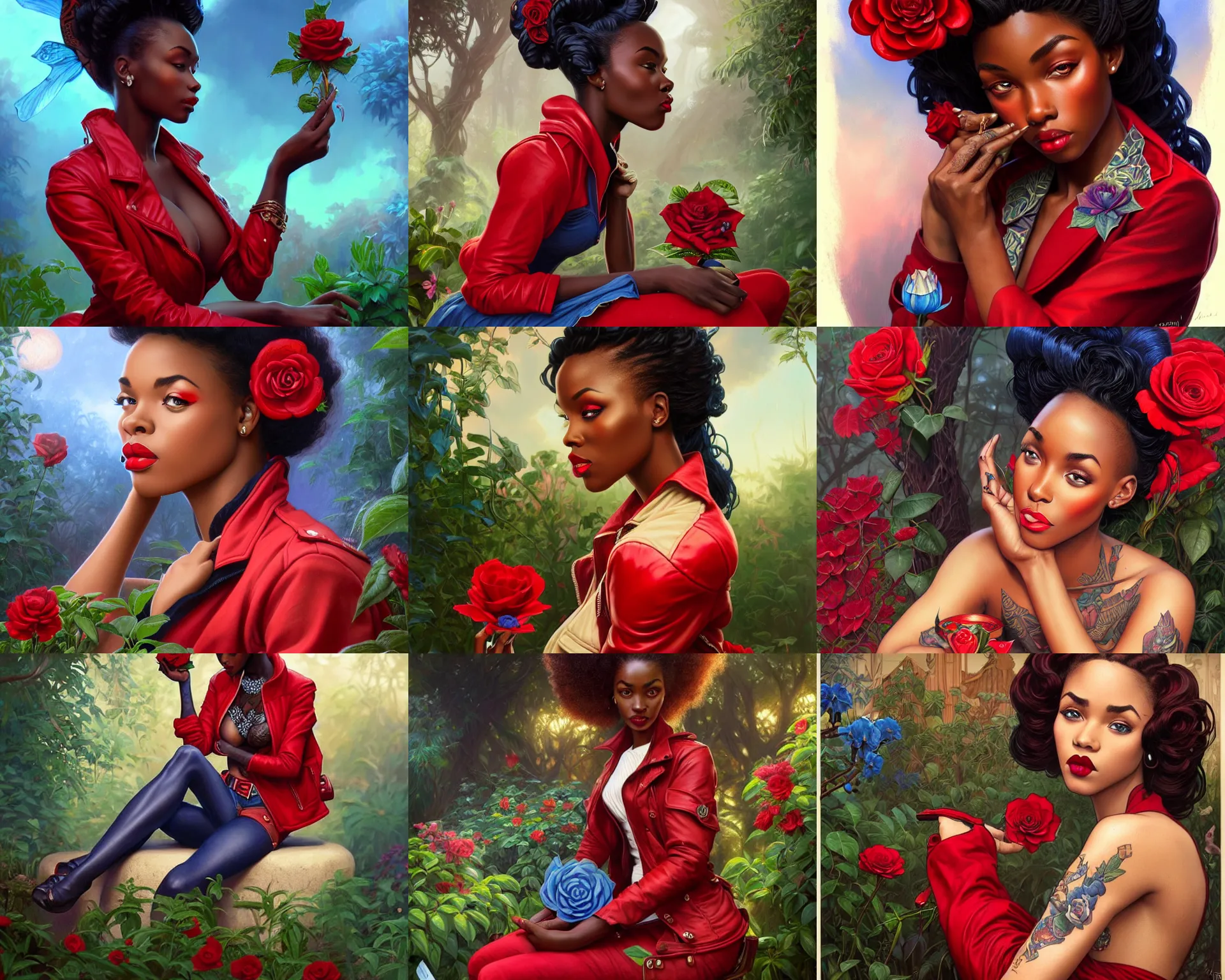 Prompt: red jacket tattooed pinup african girl sits on a garden smelling a blue rose, deep focus, turnaround, fantasy, intricate, elegant, highly detailed, digital painting, artstation, concept art, matte, sharp focus, illustration, hearthstone, art by artgerm and greg rutkowski and alphonse mucha.