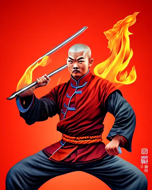 Prompt: richly detailed color illustration of a shaolin-fire-fighter-cop-kung-fu illustrated by Artgerm and Timothy Kong . 3D shadowing