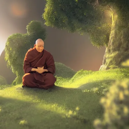 Image similar to a happy monk in perfect harmony with nature is watching the future in the sky. volumetric lighting, sharp focus, ultra detailed, cgsociety - w 1 0 2 4 - n 8 - i