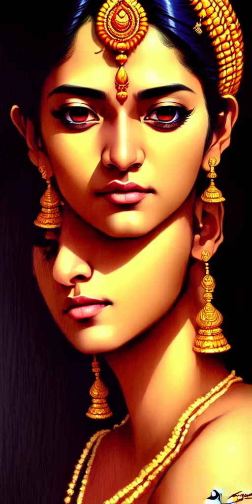 Prompt: a comic portrait of an indian goddess, fine - face, realistic shaded perfect face, fine details. night setting. very anime style. realistic shaded lighting poster by ilya kuvshinov katsuhiro, magali villeneuve, artgerm, jeremy lipkin and michael garmash, rob rey and kentaro miura style, trending on art station