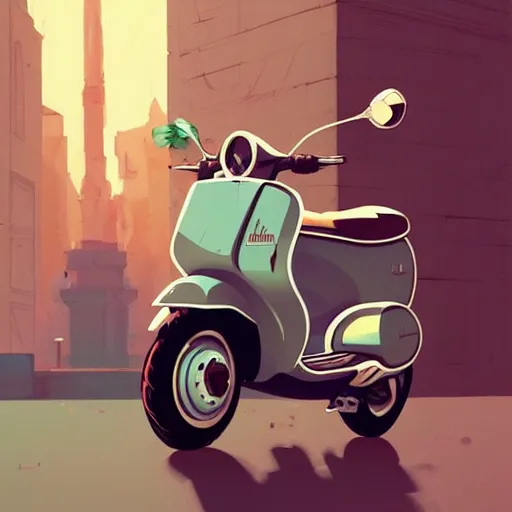 Prompt: turquise vespa moped, no people, in the style of artgerm, gerald brom, atey ghailan and mike mignola, vibrant colors and hard shadows and strong rim light, plain background, comic cover art, trending on artstation
