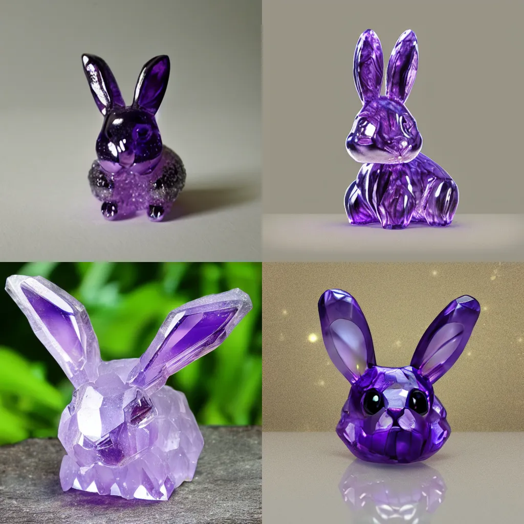 Image similar to photorealistic crystal bunny made of amethyst gems