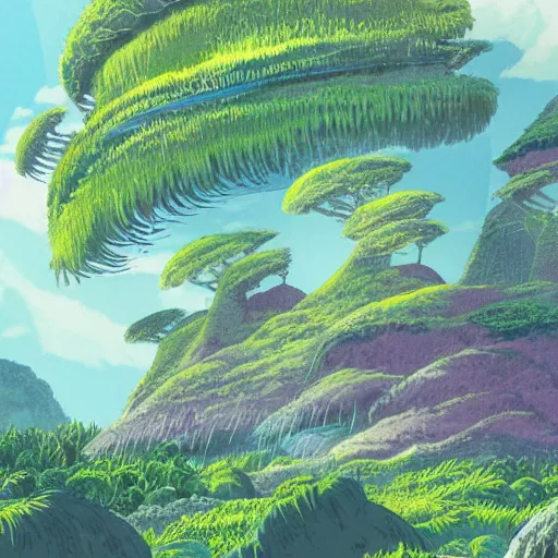 Image similar to illustration of a lush natural scene on an alien planet by studio ghibli. very detailed. beautiful landscape. weird vegetation. cliffs and water.