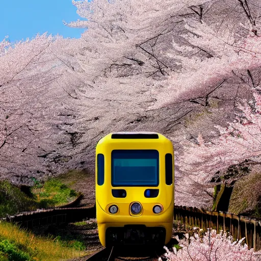 Image similar to photo of a Japanese train in the countryside, cherry blossom trees blooming, golden ratio, beautiful, happy,