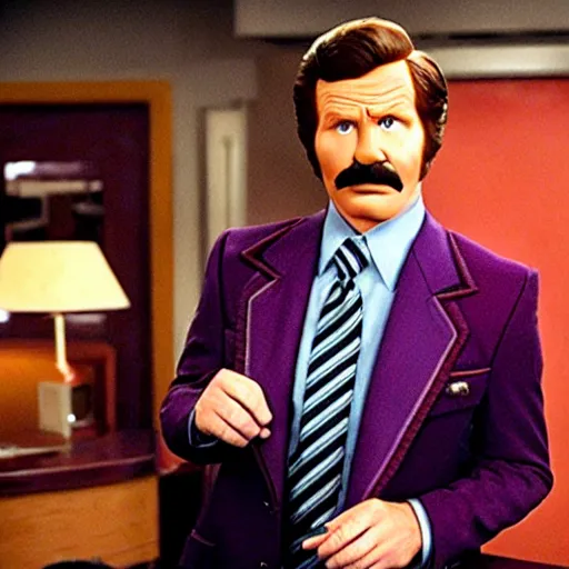 Image similar to a movie still of Alex Trebeck as Ron Burgundy in the movie Anchorman