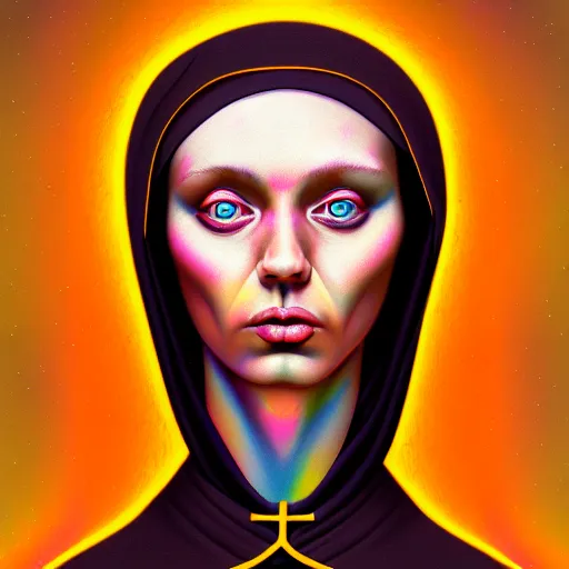 Image similar to ! dream an extremely psychedelic portrait of a nun, surreal, lsd, face, detailed, intricate, elegant, lithe, highly detailed, digital painting, artstation, concept art, smooth, sharp focus, illustration