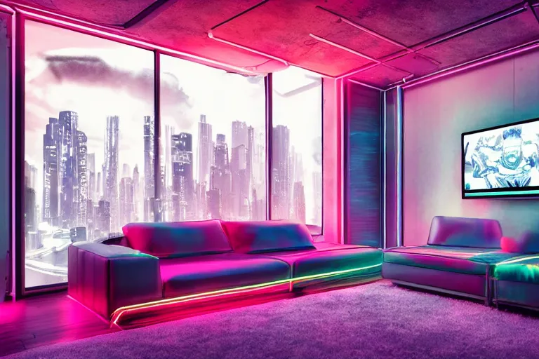 Image similar to interior photo of an amazing cyberpunk room with sofa and huge screen, photorealism, neon vibes