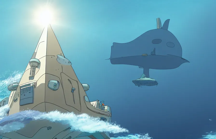 Image similar to a realistic studio ghibli cell - shaded cartoon showing a futuristic submarine swimming in front of a white pyramid underwater at the bottom of the sea. shafts of sunlight come from above. wide shot, very dull muted colors, hd, 4 k, hq