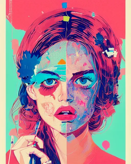 Image similar to an ultradetailed beautiful painting of a stylish woman with colorful band aids, rave concert poster, retro, conrad roset, greg rutkowski, flume cover art,