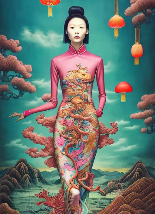 Image similar to pretty chinese model with hallucination mushroom : : by martine johanna and simon stalenhag and chie yoshii and casey weldon and wlop : : ornate, dynamic, particulate, rich colors, intricate, elegant, highly detailed, centered, vogue, fashion magazine, smooth, sharp focus, octane render, 8 k