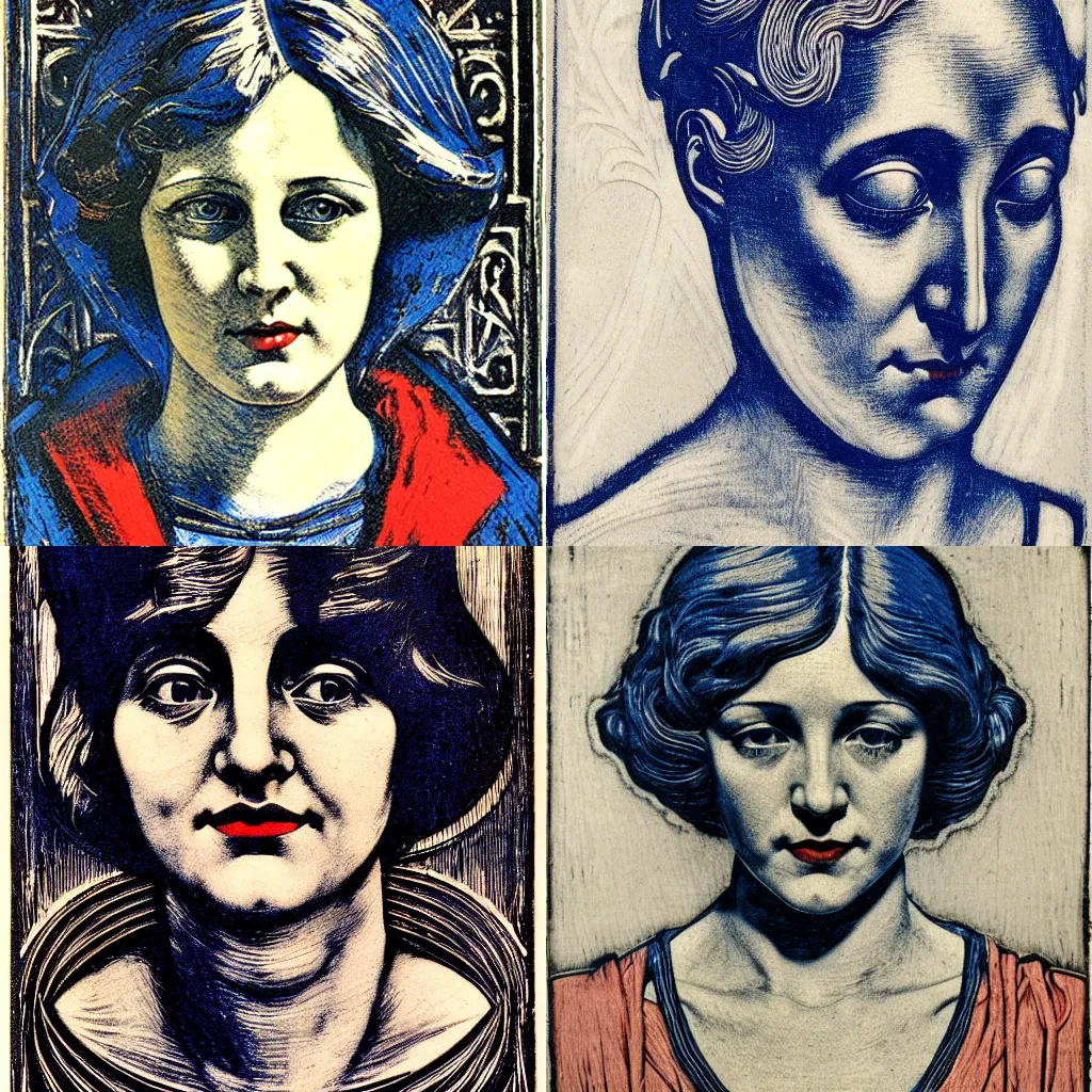 Prompt: portrait, realism, woodcut, art nouveau ( 1 9 2 2 ), elated, pyrrol scarlet, titanium white, phthalo blue, stathmore 4 0 0, 3 5 mm, f 3 2, grisaille, luminous