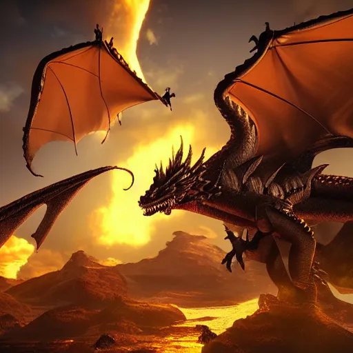 Prompt: flying dragon, with female warrior, riding to heaven, with army of dragons behind it. cinematic unreal engine, 8K , live action.