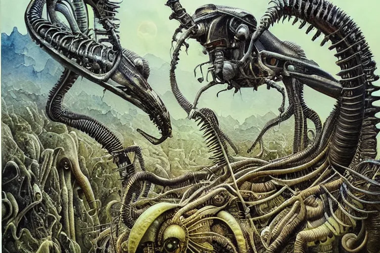 Image similar to a surreal and awe - inspiring science fiction landscape, alien plants and animals, intricate, elegant, uplifting, happy, inspirational, highly detailed watercolor painting by h. r. giger and mark brooks