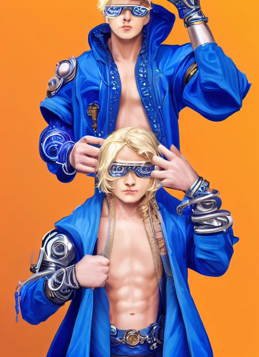 Prompt: a highly detailed illustration of thick wavy bright blonde haired effeminate boy wearing blue robe and goggles and iron cybermechanical arms, blue eyes, dramatic smiling pose, intricate, elegant, highly detailed, centered, digital painting, artstation, concept art, smooth, sharp focus, league of legends concept art, wlop