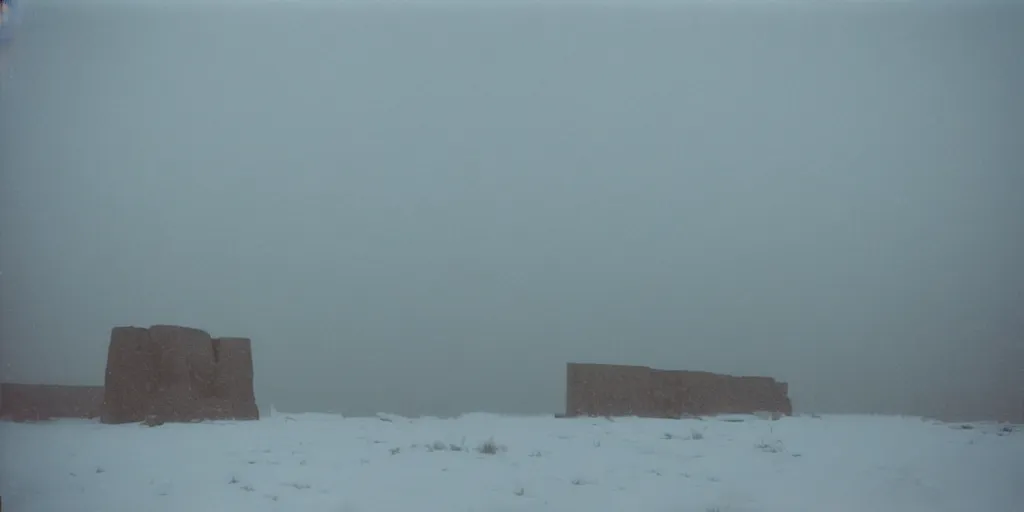 Image similar to photo of shiprock, new mexico during a snowstorm. a old man in a trench coat and a cane appears in the midground. cold color temperature. blue hour morning light, snow storm. hazy atmosphere. humidity haze. kodak ektachrome, greenish expired film, award winning, low contrast.