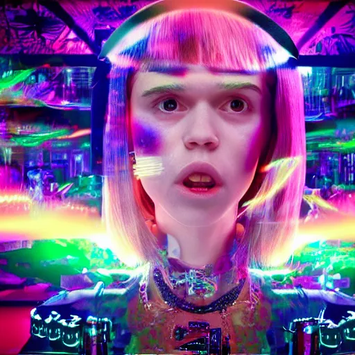 Prompt: a cinematic render with a highly detailed portrait of Grimes in a large room with holographic letters and numbers
