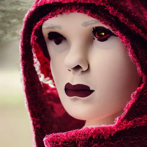 Prompt: a closeup portrait of a woman wearing a cloak made of ribbons, staring at an empty swing playground, sad, moody, claymation