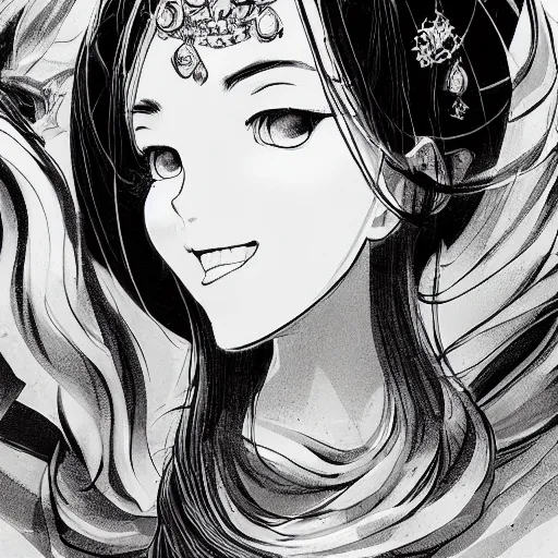 Image similar to a woman smiling, baroque style, black and white, elegant, beautiful, mesmerizing, concept art, fancy clothing, highly detailed, artstation, behance, deviantart, inspired by innocent manga, trending, shinichi sakamoto