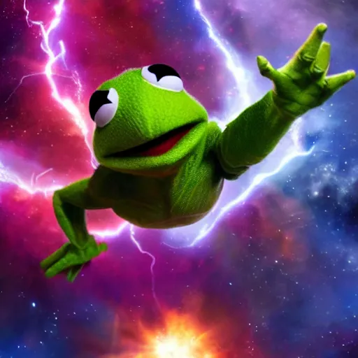 Image similar to the avengers battle one kermit the frog in space, galaxy, hd, 8 k, explosions, gunfire, lasers, giant, epic, showdown, colorful, realistic photo, unreal engine, stars, prophecy, epic oil painting, powerful, diffused lighting, destroyed planet, debris, justice league, movie poster, violent, sinister