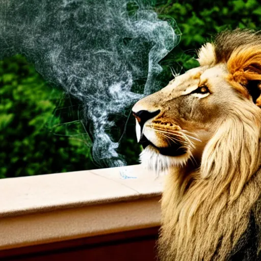 Image similar to a very detailed photo of a lion ( smoking a cigar ) outside the mansion by the pool