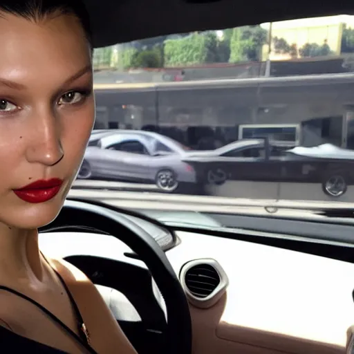 Image similar to bella hadid inside her ferrari roma in sao paulo, very details, photorealistic, dynamic light, ultra realistic, phone photo