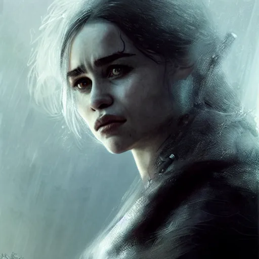 Image similar to emilia clarke, film nior, darkwave, darksynth character portrait, sharp, digital matte painting, art by luis royo, greg rutkowski, wlop, dramatic lighting, trending on artstation