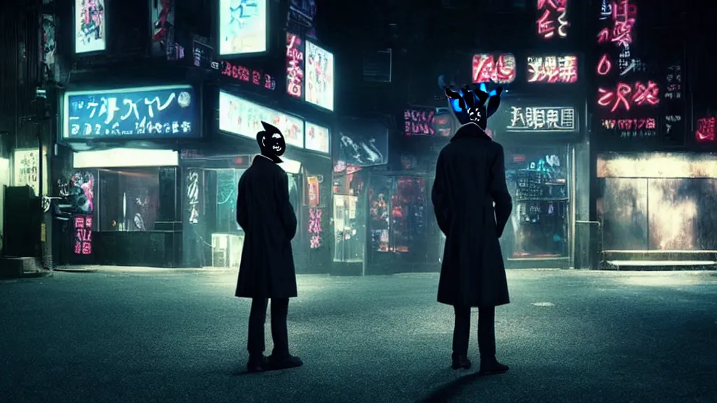 Image similar to a man wearing a black trench coat and black rabbit mask standing outside a night club, anime film still from the movie directed by Denis Villeneuve with art direction by Junji Ito, wide lens