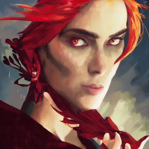 Image similar to beautiful female mage with red hair, keira knightley, black clothing, dark feathered wings, intricate, highly detailed face, cory behance hd by jesper ejsing, by rhads, makoto shinkai and lois van baarle, ilya kuvshinov, rossdraws global illumination