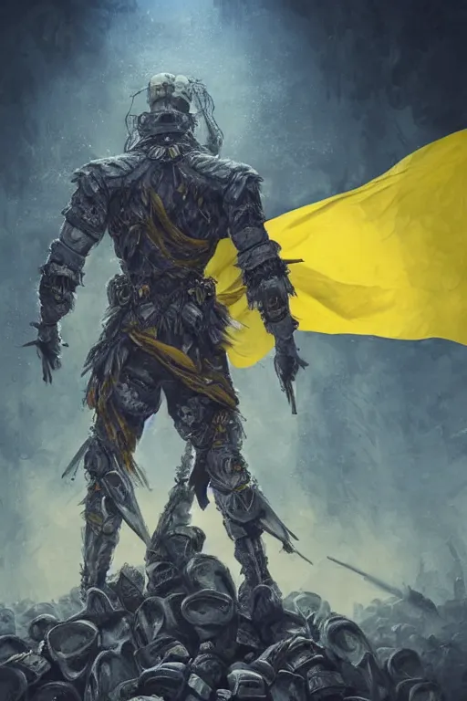 Image similar to a distant shot from behind of a Ukrainian super soldier with blue and yellow flag behind him standing alone on a huge pile of skulls as a winner, masculine muscular figure, D&D, fantasy, intricate, elegant, highly detailed, extremely detailed, digital painting, artstation, concept art, matte, sharp focus, symmetrical, hyperrealistic, illustration, art by Artgerm and Greg Rutkowski and Alphonse Mucha