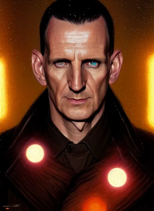 Image similar to portrait of the ninth doctor from doctor who, intricate, elegant, glowing lights, highly detailed, digital painting, artstation, concept art, smooth, sharp focus, illustration, art by wlop, mars ravelo and greg rutkowski