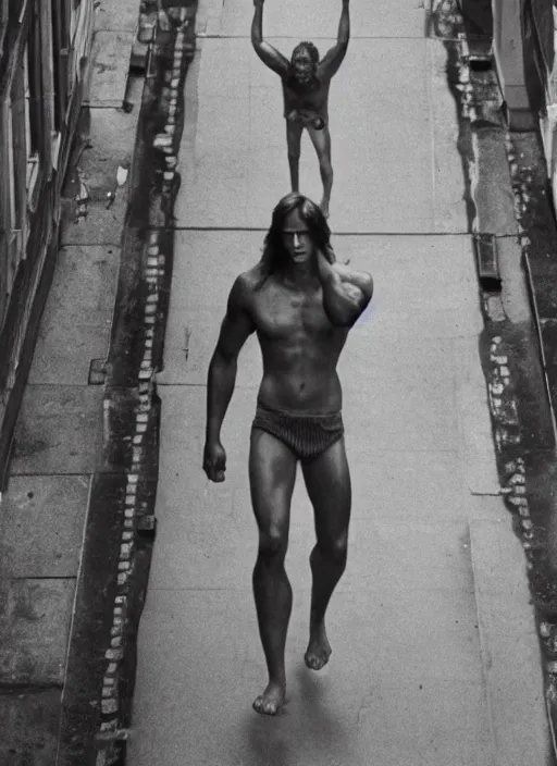 Image similar to film still, portrait of tarzan walk on the street of new york, symmetrical, 8 k, medium - format print, half body shot