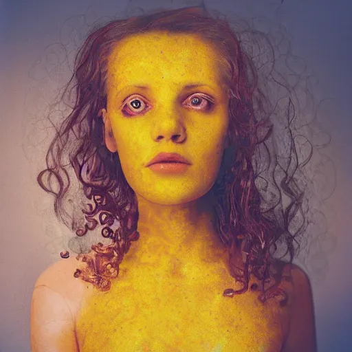 Image similar to realistic expired kodak film portrait of an angel woman tentacled creature mix, marigold celestial vibe, hyperrealism, hypermaxiymalism, photorealistic, detailed, atmospheric, 8 k, award winning photography, cinematic