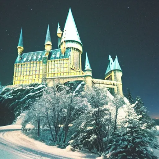 Prompt: 1 9 9 0 s photograph of hogwarts castle at nighttime, snow covered, womping willow is visible.