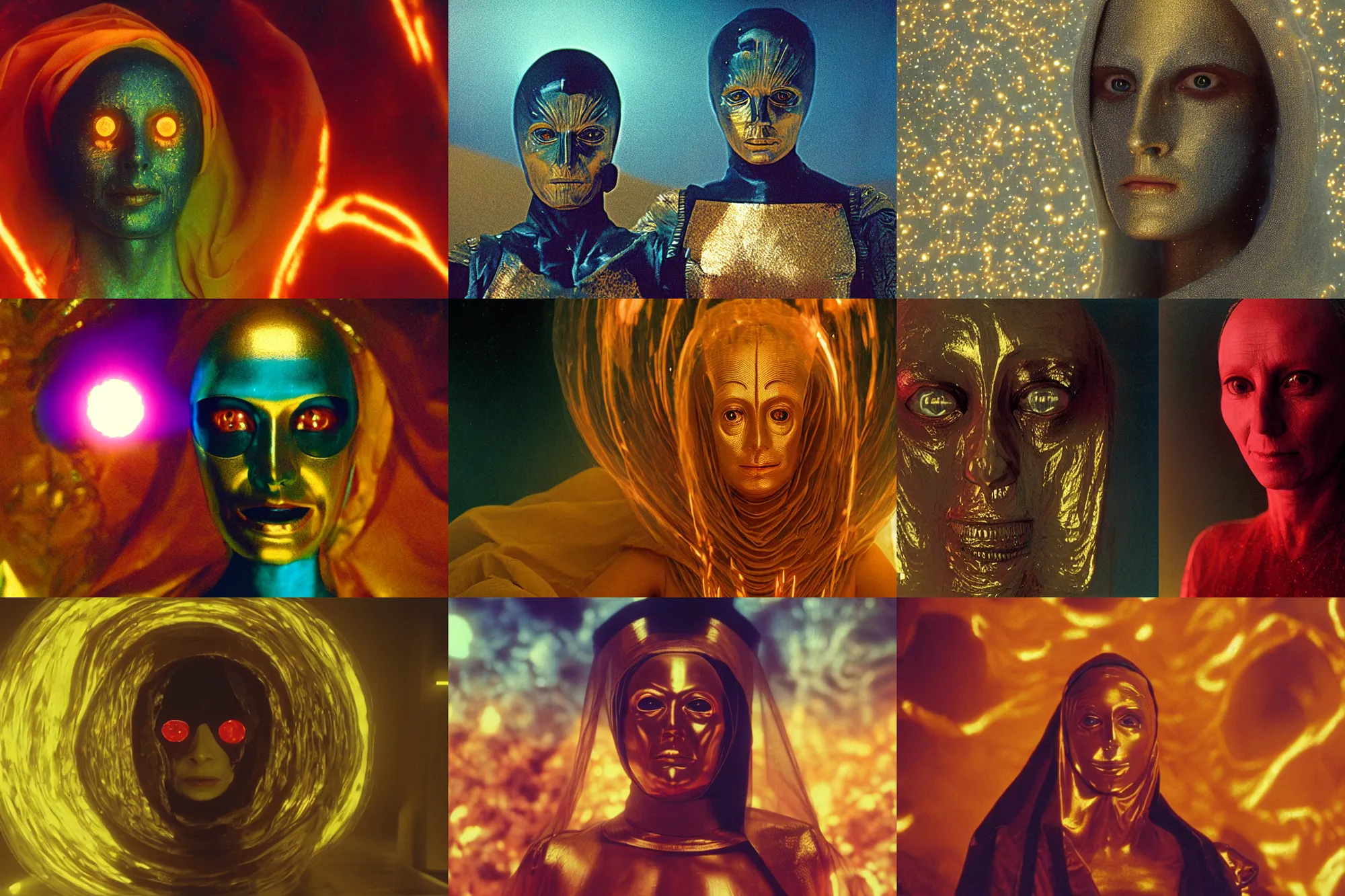 Prompt: the portrait of bene gesserit in full - face golden glowing masks seeing the exploding of energy and death of planet by christopher doyle and alejandro jodorowsky, anamorphic lens, kodakchrome, cinematic composition, very detailed photo, 8 k,