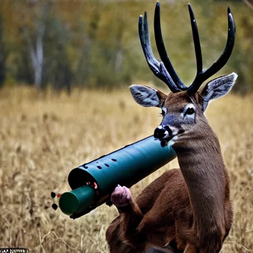 Image similar to a rocket launcher explosive deer military animal beast, huge, powerful, rocket, launcher, scary, anger, rage, canon eos c 3 0 0, ƒ 1. 8, 3 5 mm