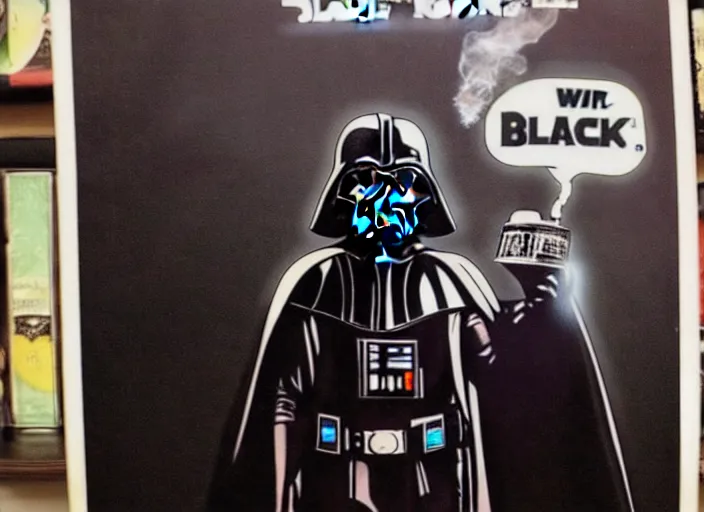 Image similar to darth vader smoking a bong with a black light poster in the background