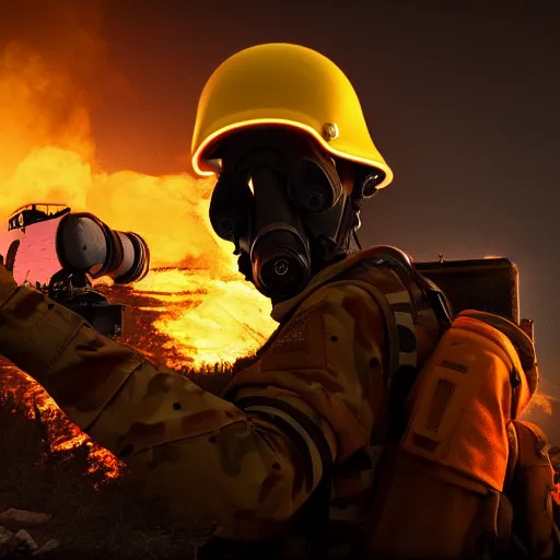 Prompt: a soldier with a glowing orange visor, a gas mask in a half-turn looks into the camera, bodies of the dead are scattered around, an orange fire in the background, octane render, 4k, details, dramatic pose