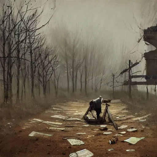 Image similar to painting by jakub rozalski of a person walking with a wheelbarrow in an abandoned post soviet town infested with root monsters