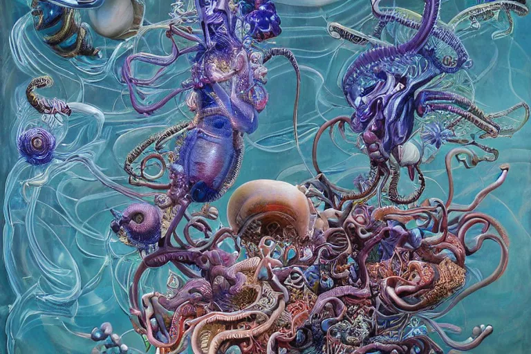 Prompt: complex and beautiful deep sea life by james jean and salvador dali and shusei nagaoka, oil on canvas, underwater insects, bioluminescence mollusks, iridescent aliens, water bubbles, lots of flowers, retro, nostalgic, vintage sci - fi, exquisitely intricate details, surrealism, neoclassicism, renaissance, hyper realistic, ultra detailed, cell shaded, 8 k