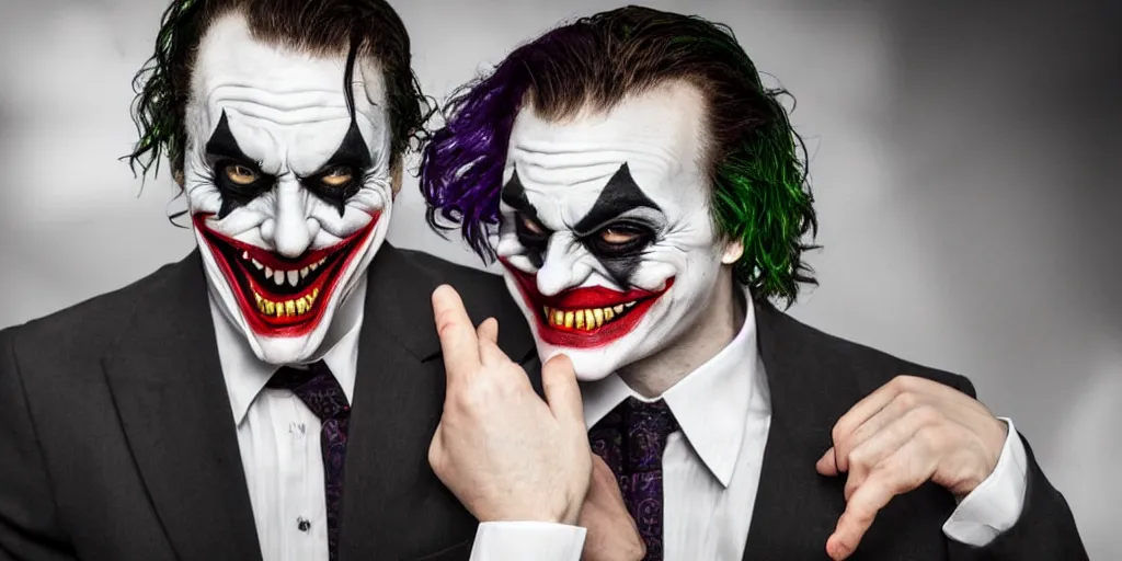 Image similar to joker wearing a suit style, photograph, grinning, creepy,