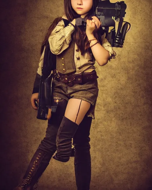 Image similar to Young girl in steampunk clothes, she wears boots and a gun, sharp focus, photography, very detailed, dark hair, by nikon, by Iphone, 4k