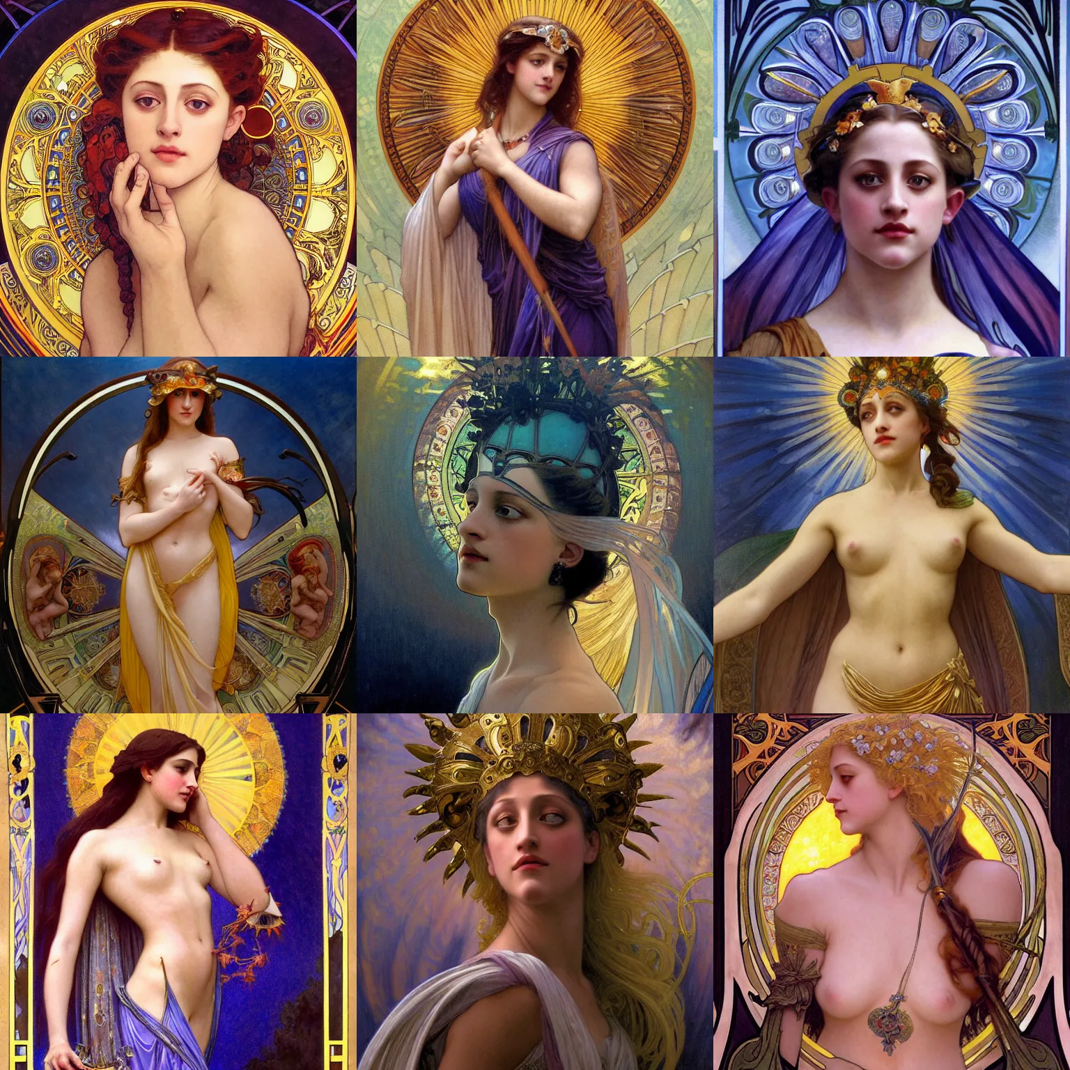 Prompt: stunning, breathtaking, awe-inspiring award-winning concept art nouveau painting of attractive Lili Reinhart as the goddess of the sun, with anxious, piercing eyes, by Alphonse Mucha, Michael Whelan, William Adolphe Bouguereau, John Williams Waterhouse, and Donato Giancola, cyberpunk, extremely moody lighting, glowing light and shadow, atmospheric, cinematic, 8K