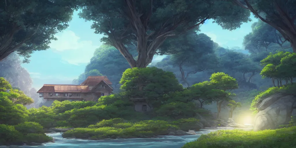 Image similar to a serene landscape with a singular building near a river with rocks at sunrise, ghibli studio, anime style, pixar style, concept art, octane render, trending on deviantart, highly detailed, high quality, soft lighting, path traced, beautiful landscape, cartoon, high coherence, cloud in the sky, digital painting, masterpiece, digital art, breathtaking landscape, soft colors, beautiful