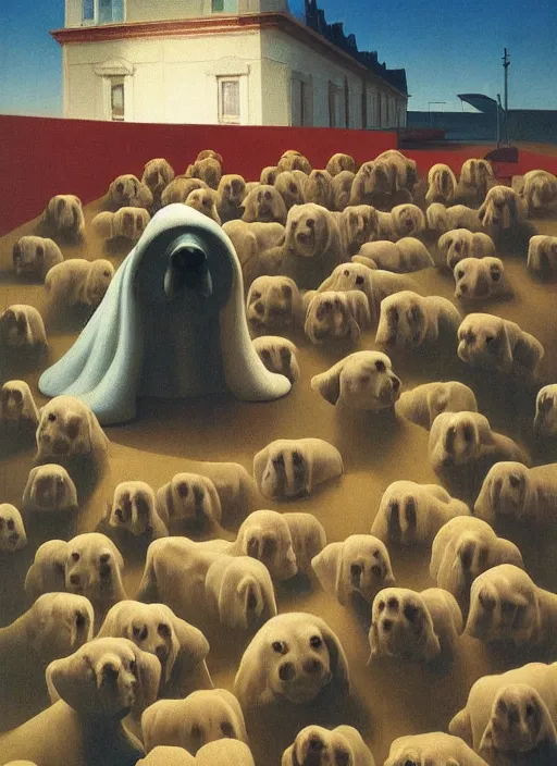 Image similar to crowd of dogs with headcones Edward Hopper and James Gilleard, Zdzislaw Beksinski highly detailed