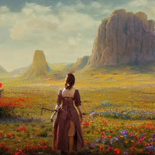 Image similar to a matte painting of the wild west, woman standing in patchy flower, oil painting, pale colors, high detail, 8 k, wide angle, trending on artstation,