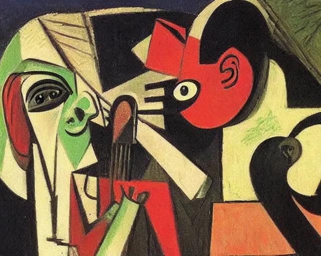 Prompt: A goblin talking to a gorilla in a concert hall, Painting by Pablo Picasso